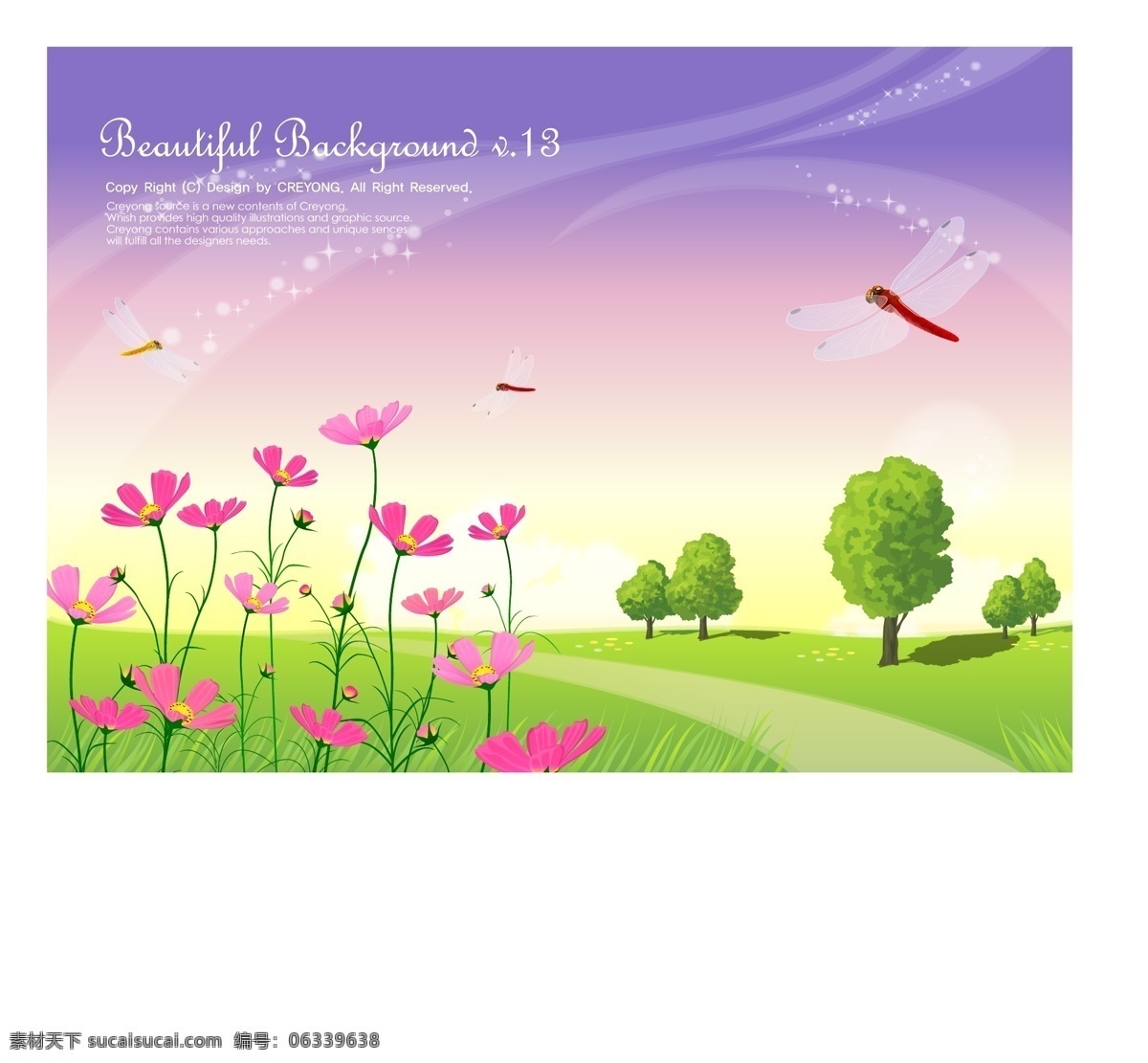 菊花 花丛 风景 梦幻背景 蜻蜓 矢量素材 小菊花 小路 小树 纸船 矢量图 其他矢量图