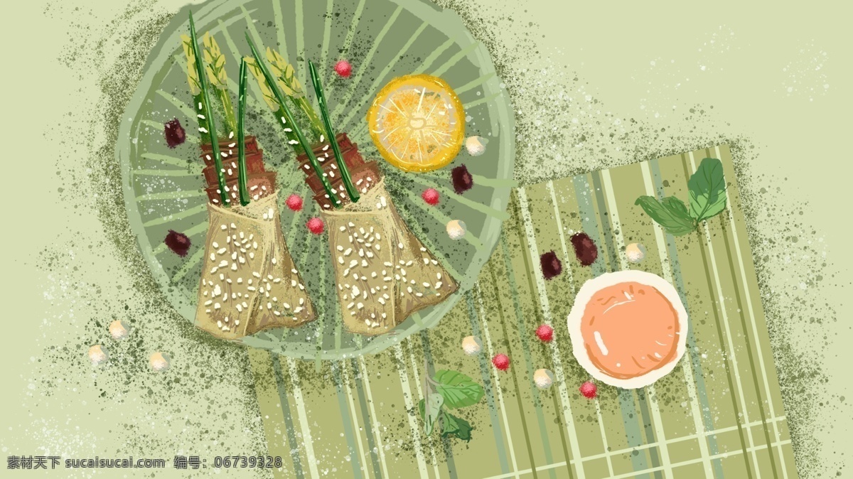 小 清新 芝麻 青 笋 牛肉 卷 鲜嫩 果汁 插画 小清新 青笋 牛肉卷 鲜嫩果汁