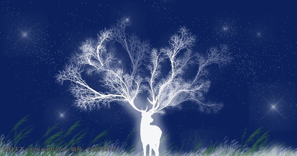 夜精灵图片 数码印花 海报 星空 鹿 背景 树枝 分层