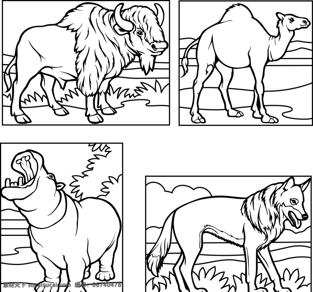 卡通动物 野生动物 线描 河马 骆驼 牦牛 豺狼 ai源文件 cmyk格式 矢量图 卡通动物设计 卡通设计