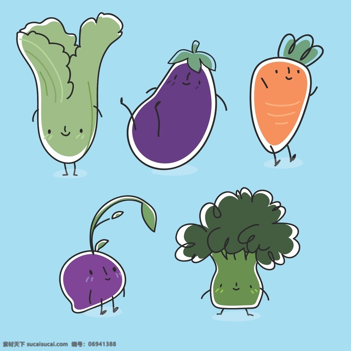 可爱 手绘 蔬菜 插画 卡通 茄子 西兰花