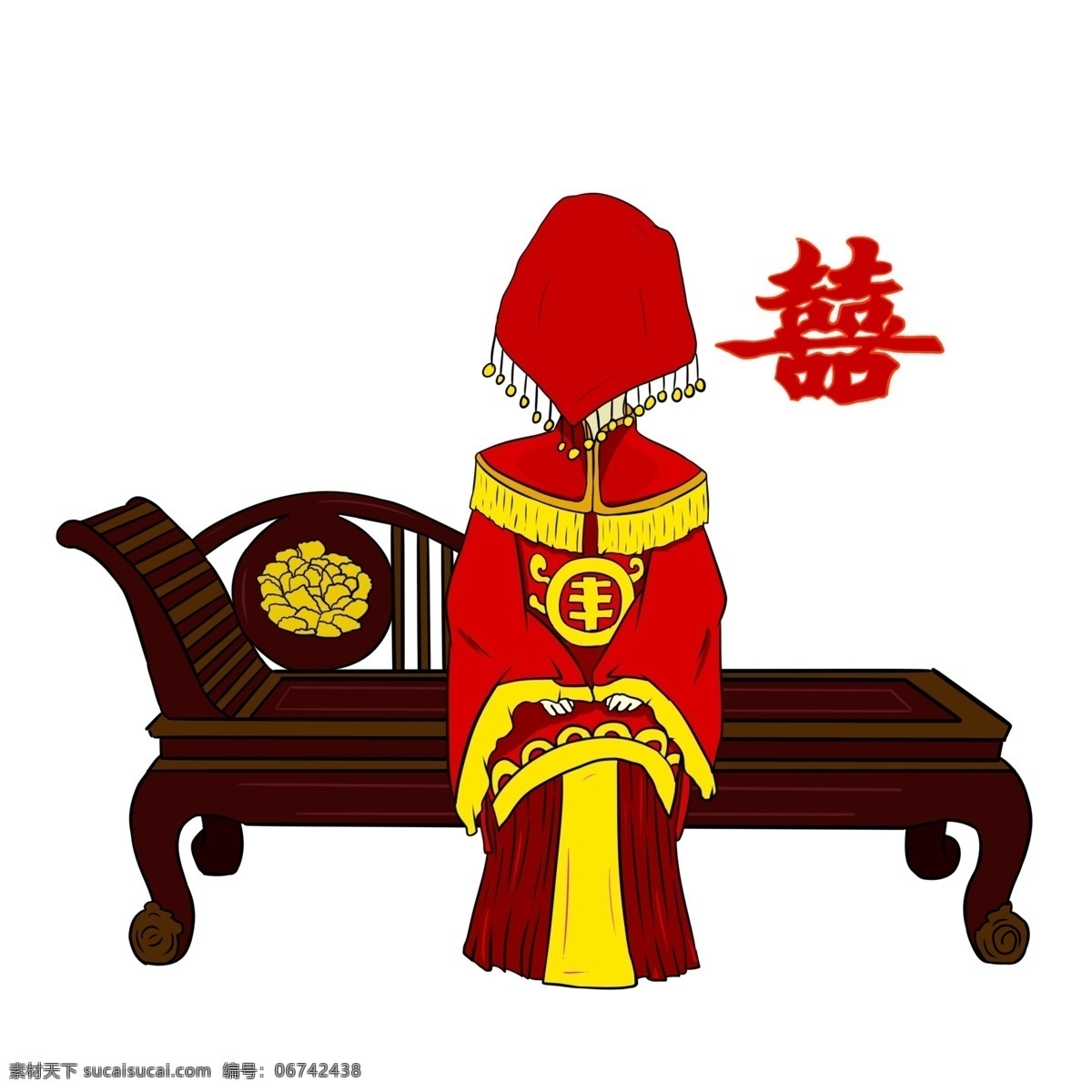 手绘 古式 婚礼 插画 商用 元素 剪纸 红色 红色盖头 古式座椅 黄色
