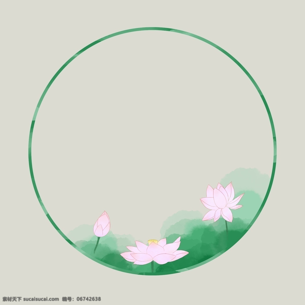 圆形 边框 水彩 水墨 淡 粉红 荷花 圆形边框 粉色荷花 荷叶 中国风 清新 春天 夏天 绿色 夏至 节气 四季