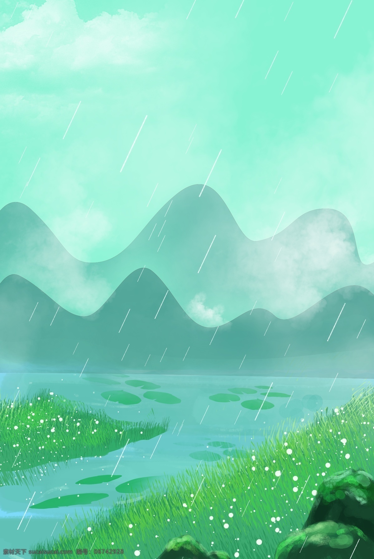 小 清新 雨季 山水风景 下雨 风景 山水 草地 夏季 插画背景