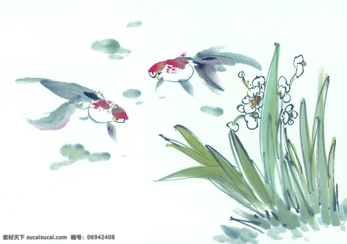 小鱼 国画 绘画 水草 艺术 家居装饰素材 室内装饰用图