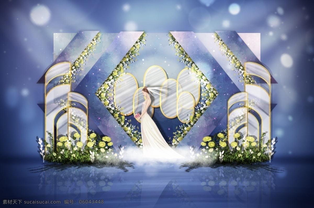 星空 尖角 阳关 板 婚礼 效果图 蓝色 金色 婚礼效果图 阳光板 对称 椭圆玻璃