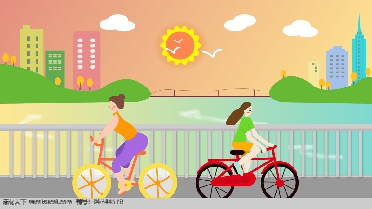 海边 骑 行 运动 夏天 插画 骑行 女孩 健身 健康生活 骑车 矢量插画