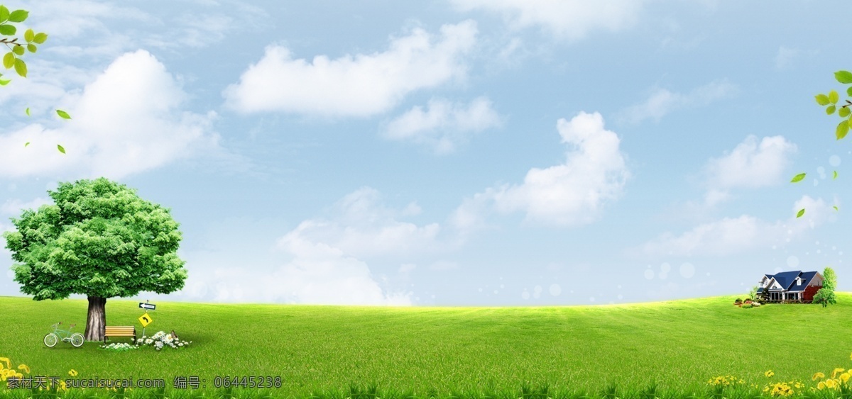 蓝天白云背景 蓝天白云 草坪 草地 大树 房子 绿化环境 海报 banner