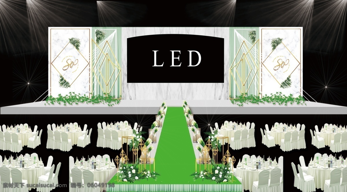 绿 白 婚礼 效果图 模板 小清新风格 绿色婚礼 菱形灯带 大屏
