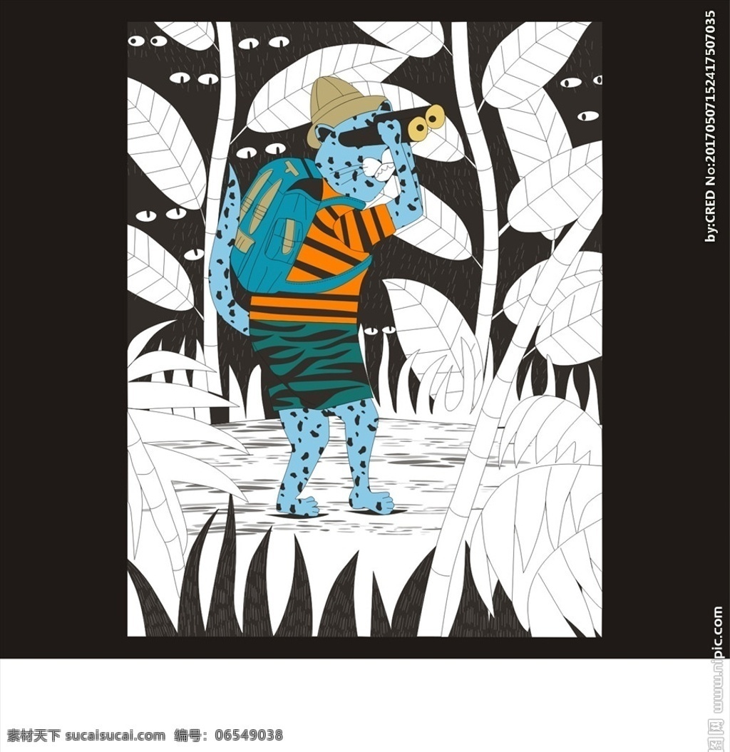 原始森林 卡通 豹子 矢量图 服装设计 男装设计 女装设计 民族花纹花边 箱包印花 男装印花 女装印花 童装印花 潮流服装印花 潮牌设计 面料印花 布料印花 丛林 森林 树木 树叶 叶子 叶片 草丛 旅行者 驴友 动物纹路 探险家 双肩包 背包 背包客 望远镜 卡通动物 猎豹 花豹 卡通豹子 共享素材2