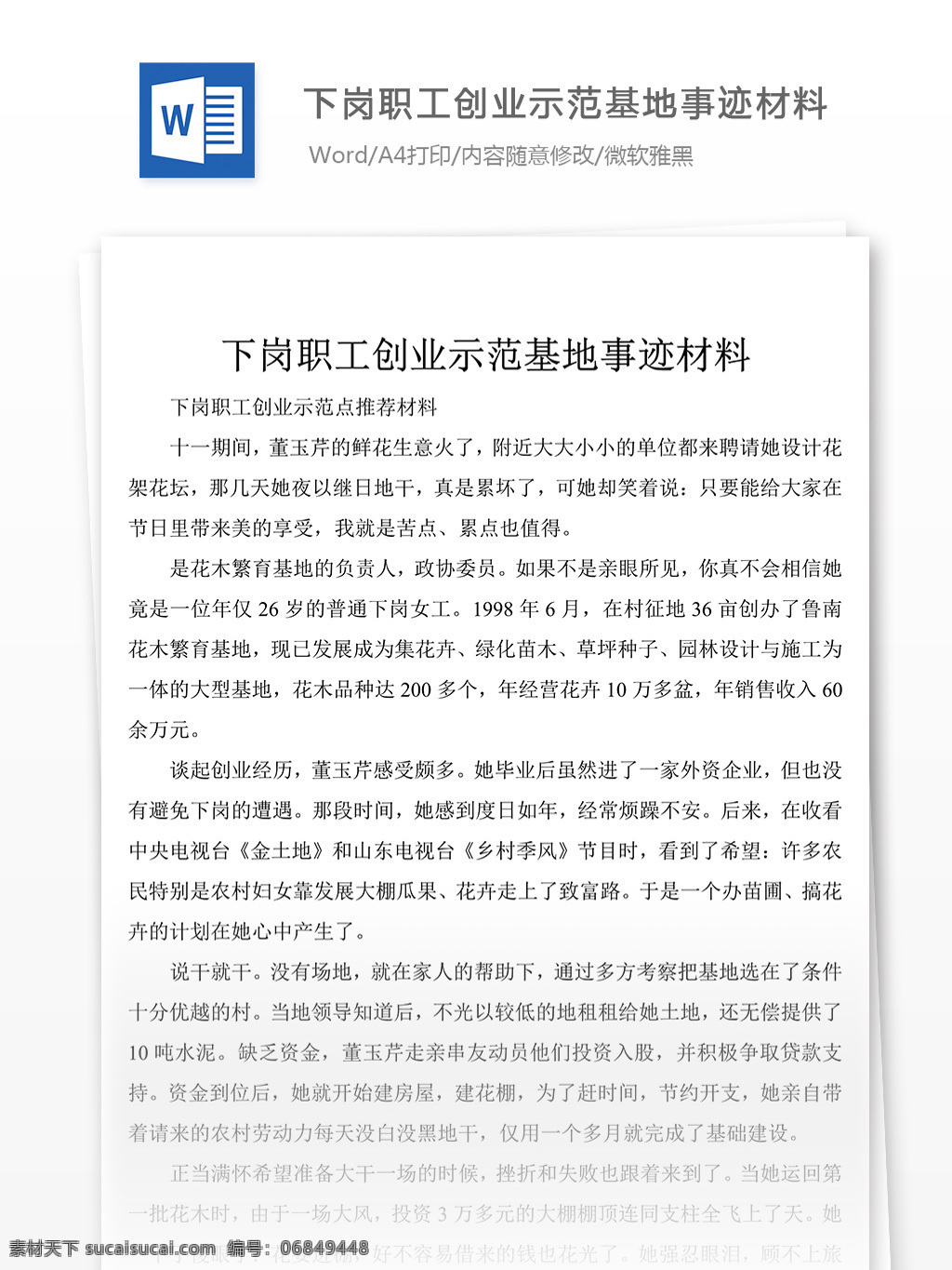 关于 下岗 职工 创业 示范基地 事迹 经典 范文 材料 先进事迹材料 优秀 模板 事迹材料范文 实用范文模板 实用文档 文档模板 word