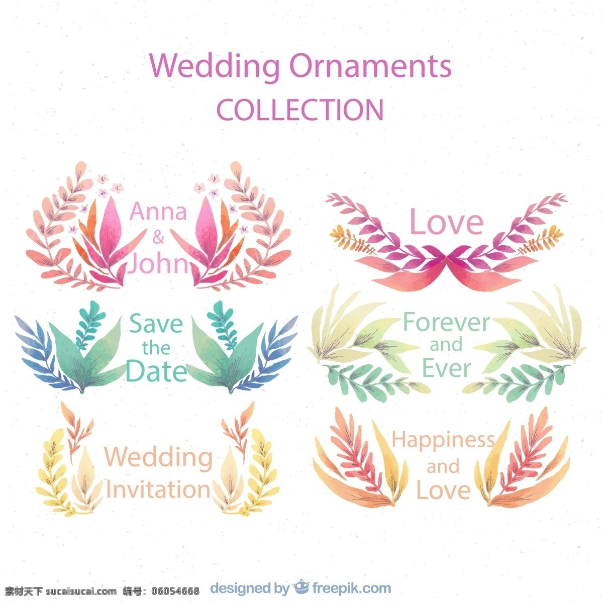 婚礼 花草 标签 矢量 彩绘 花卉 树叶 高清图片