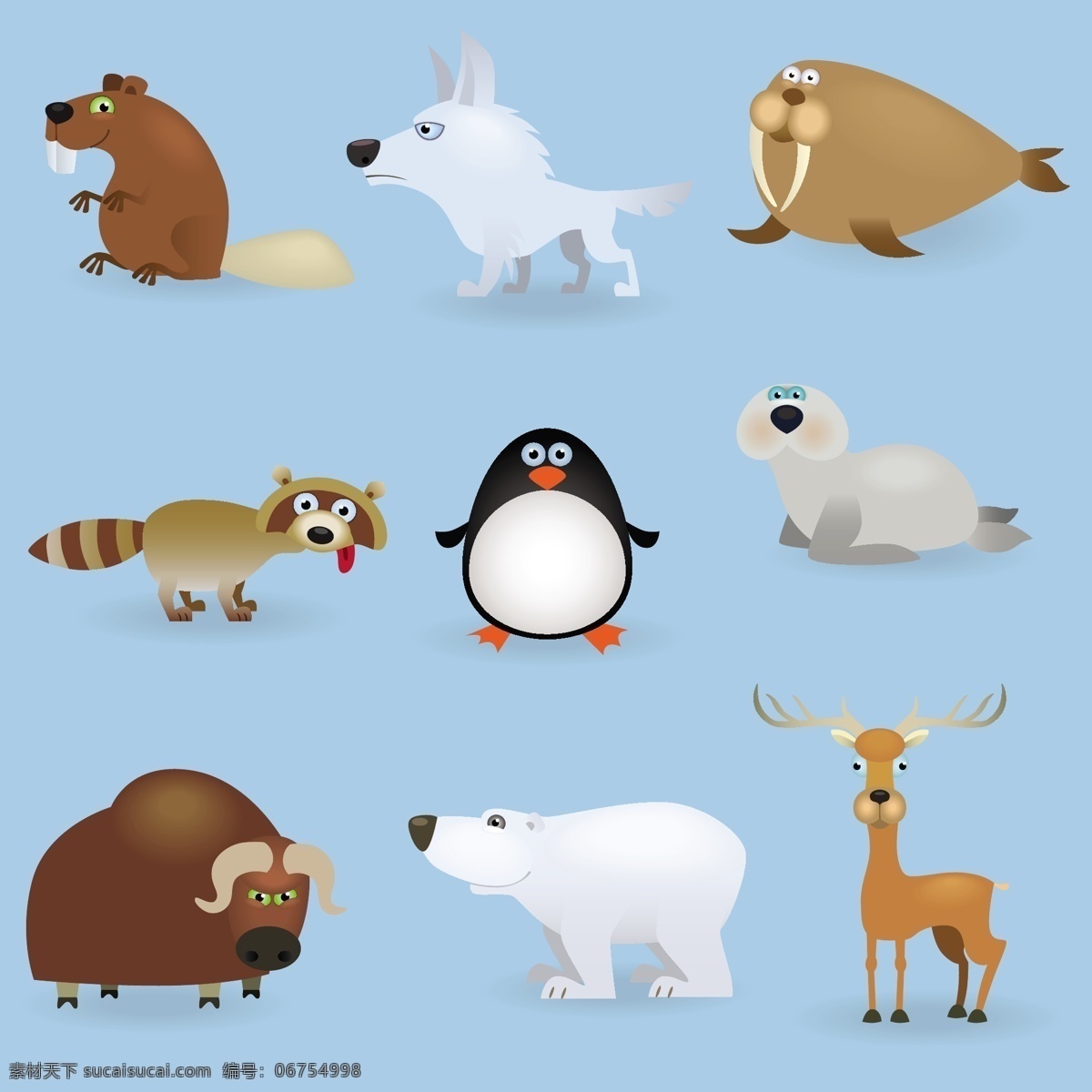 各种 可爱 动物 卡通 卡通生物 北极熊 企鹅 海狮 海象 鼹鼠 麋鹿 陆地动物 生物世界 矢量素材 青色 天蓝色