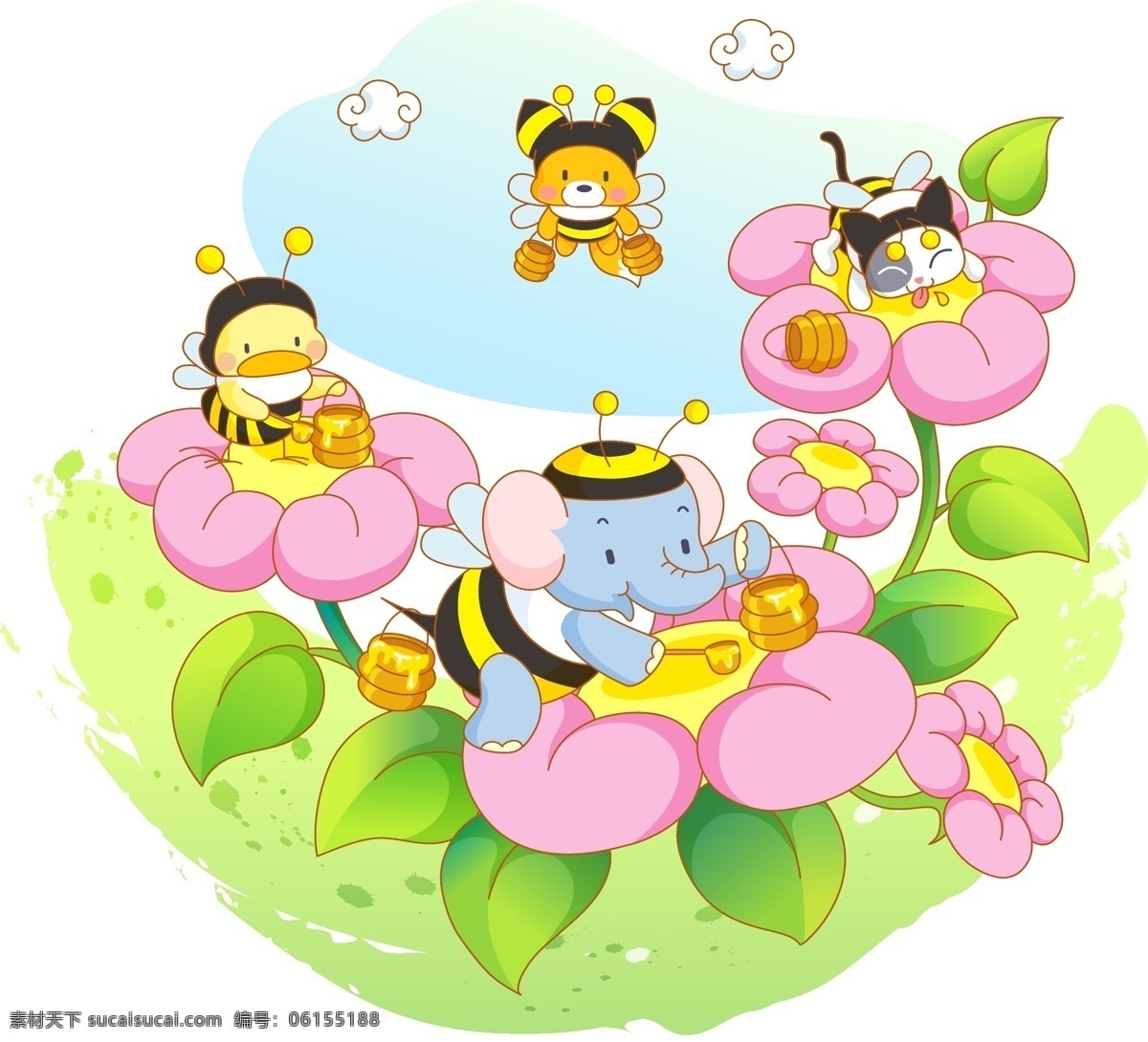 采蜜的小动物 小蜜蜂 大象 小鸡 猫咪 狐狸 采蜜 蜂蜜 花蕊 花朵 卡通 动物 可爱 童趣 插画 劳动 动画卡通矢量 动漫动画 动漫人物