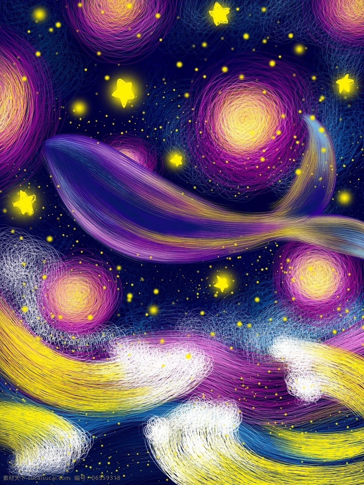 线圈 插画 空中 鲸 星空 海浪 梦幻 星星 绘画 配图 流光溢彩