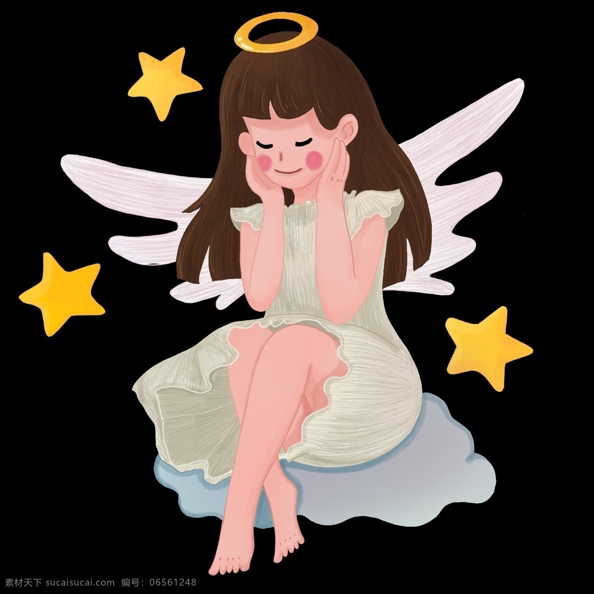 睡觉 天使 女孩 插画 世界 睡眠 日 人物 黄色的星星 长头 发 白色翅膀