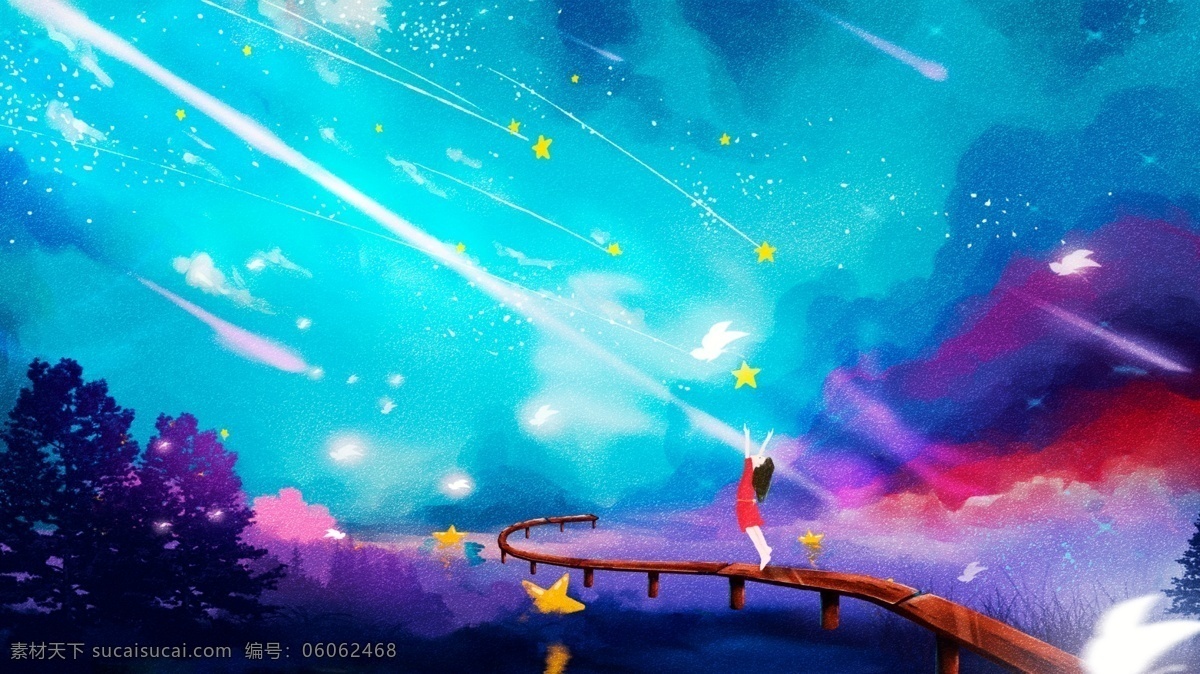 创意 手绘 治愈 系 梦幻 星空 梦游 仙境 夜晚 插画 治愈系 梦幻星空 梦游仙境