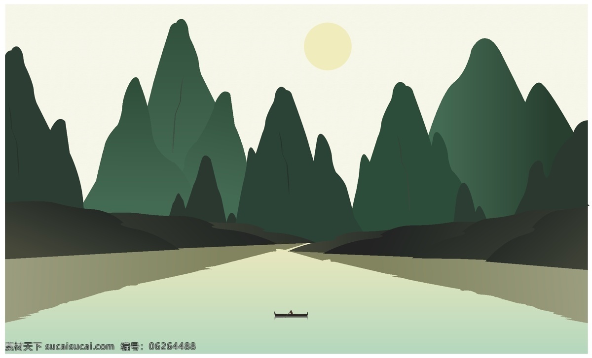 山水 小船 泛舟 矢量山水画 山水风景 风景画 背景 插画 卡通设计 自然景观 自然风光