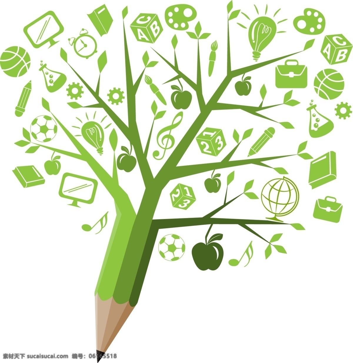 绿色 科技 知识 创意 铅笔 树 装饰 图标 元素 商务 商业 矢量