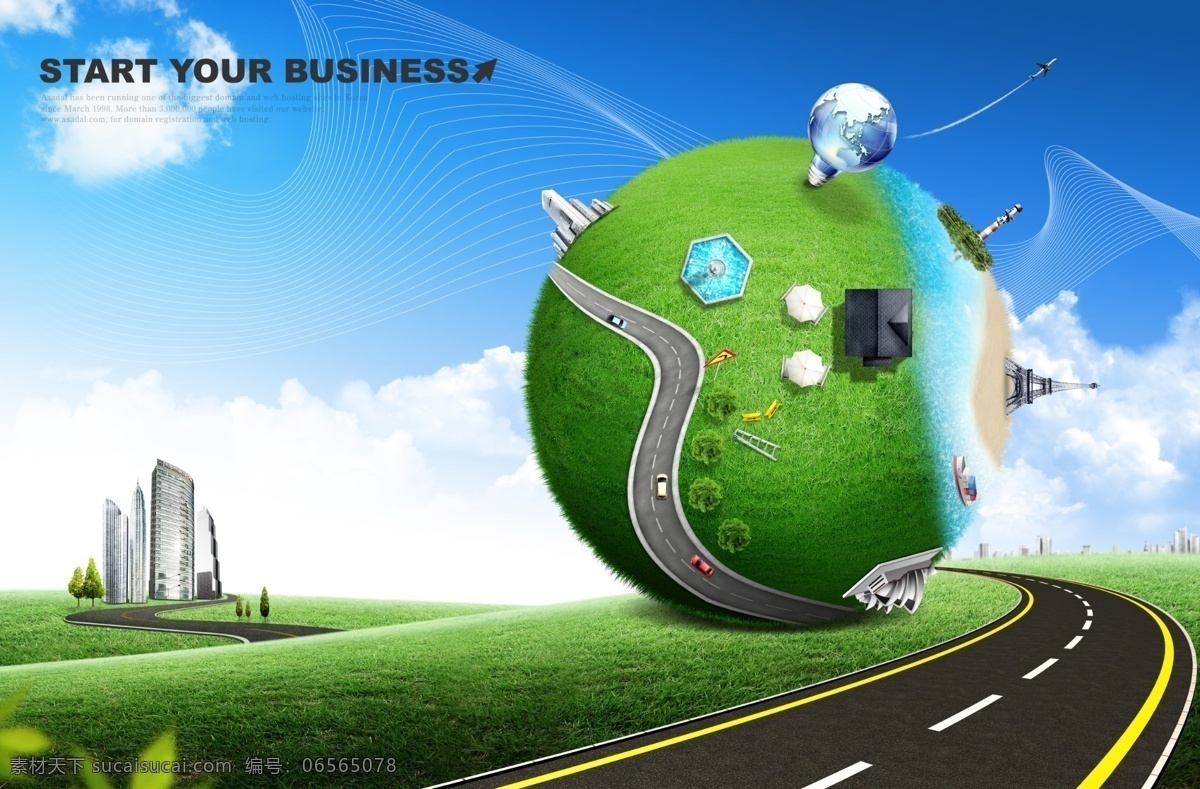 地球 绿色 城市 环保 广告 花 草 花草 绿色背景 灯泡 道路 共享资源