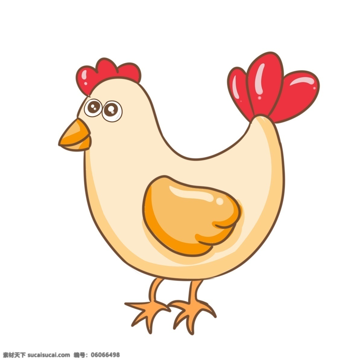 可爱 的卡 通 小鸡 插画 可爱的小鸡 手绘小鸡 红色尾巴 家禽 动物 卡通小鸡插画 浅黄色小鸡 站着的鸡 红色鸡冠