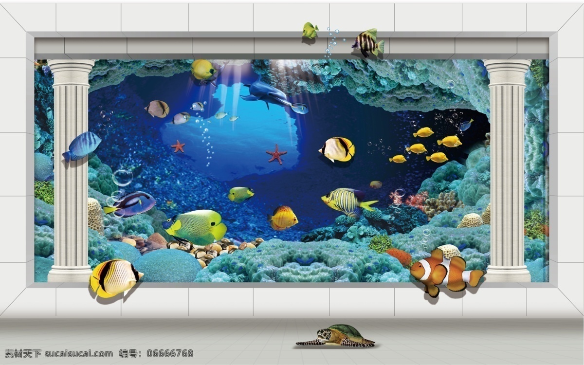 海底世界 3d电视墙 3d墙 罗马柱 珊瑚 鱼群 热带鱼 海底洞穴