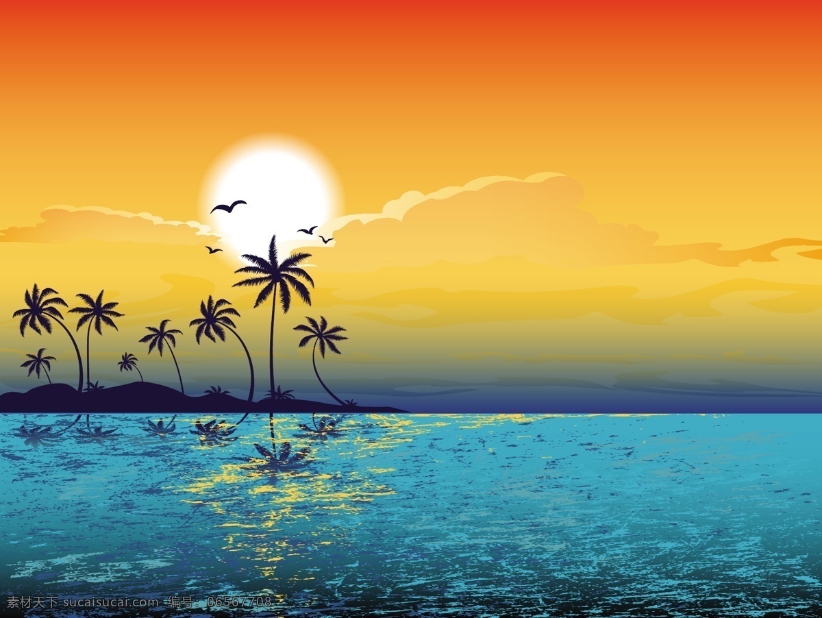 大海风景 夏日海滩风景 椰树 椰树插画 夏日主题插画 自然风光 空间环境 矢量素材 橙色