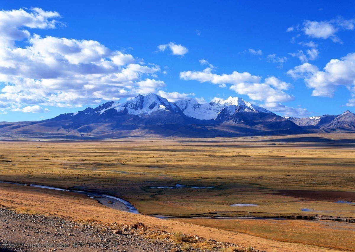 美丽 山地 风光 山峰 雪山 河流 草地 蓝天 白云 山水风景 自然景观