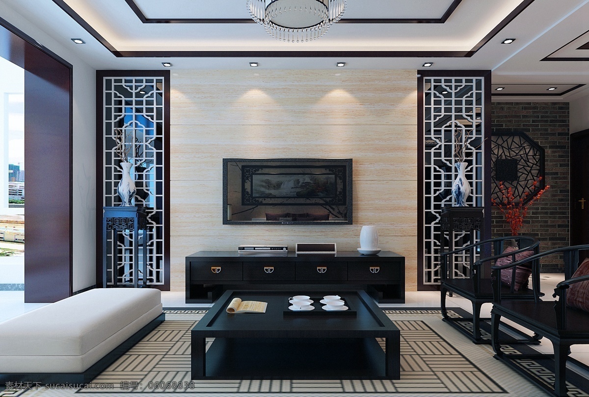 现代 典雅 客厅 黑色 电视柜 室内装修 效果图 白色吊灯 黑色茶几 白色沙发 黑色家具 白色背景墙
