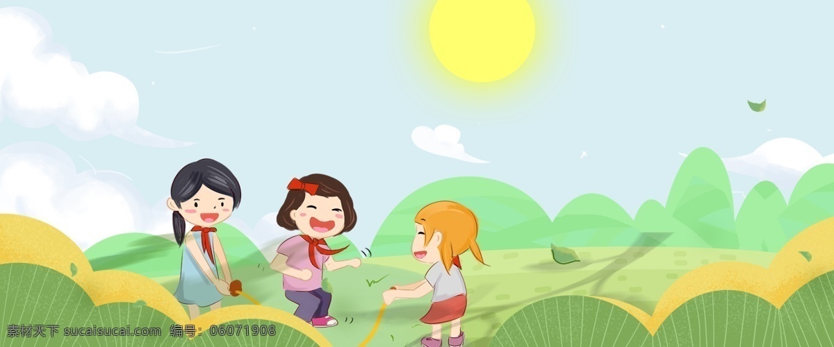 六一儿童节 跳绳 女孩 banner 背景 三个女孩 红领巾 儿童 回忆 开心 游戏 玩耍