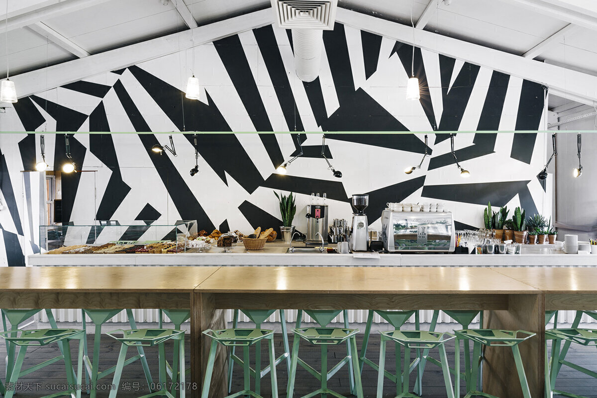 简约 甜品 店 黑白 拱形 吊顶 装修 效果图 白色灯光 长方形餐桌 灰色墙壁 甜品店 桌椅