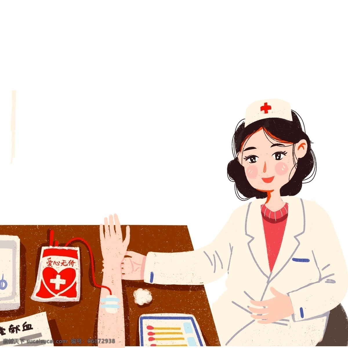 复古 手绘 女 医生 人物 卡通手绘 复古肌理 插画 职业 女医生 献血场景