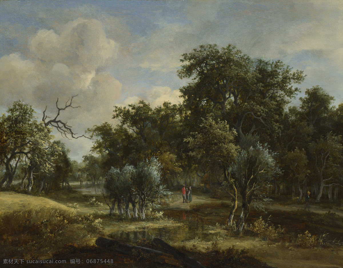 wood 大师 画家 古典 画 建筑 景物 装饰画 油画 by stream a hobbema meindert 人物 高清 西方 国外 现代 家居装饰素材
