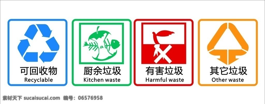 垃圾分类标识 垃圾分类 四类 可回收物 厨余垃圾 有害垃圾 其它垃圾 环保标识 环保教育 环保宣传 标志图标 公共标识标志