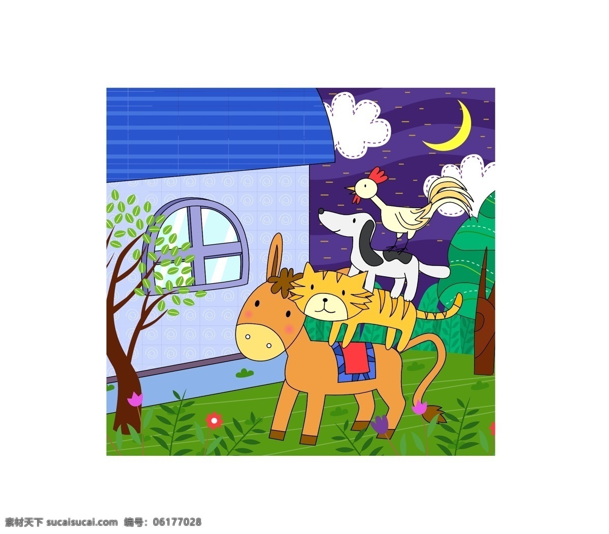 卡通 动物 农场 夜景 卡通动物 农场夜景 卡通夜景 猫咪 毛驴 月亮