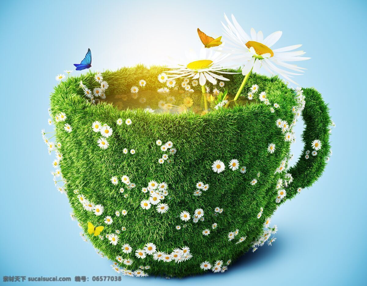 创意设计 水杯 草地 春天 鲜花 蝴蝶 野花 草坪 青草 绿色 环保 自然 背景 杯子 生物世界 花草