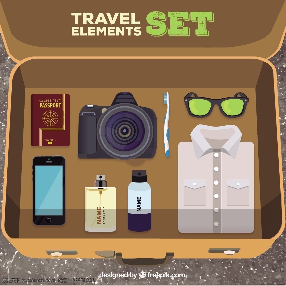 手绘旅游要素 旅游 相机 电话 手机 服装 护照 手提箱 行李 观光 设置 旅行