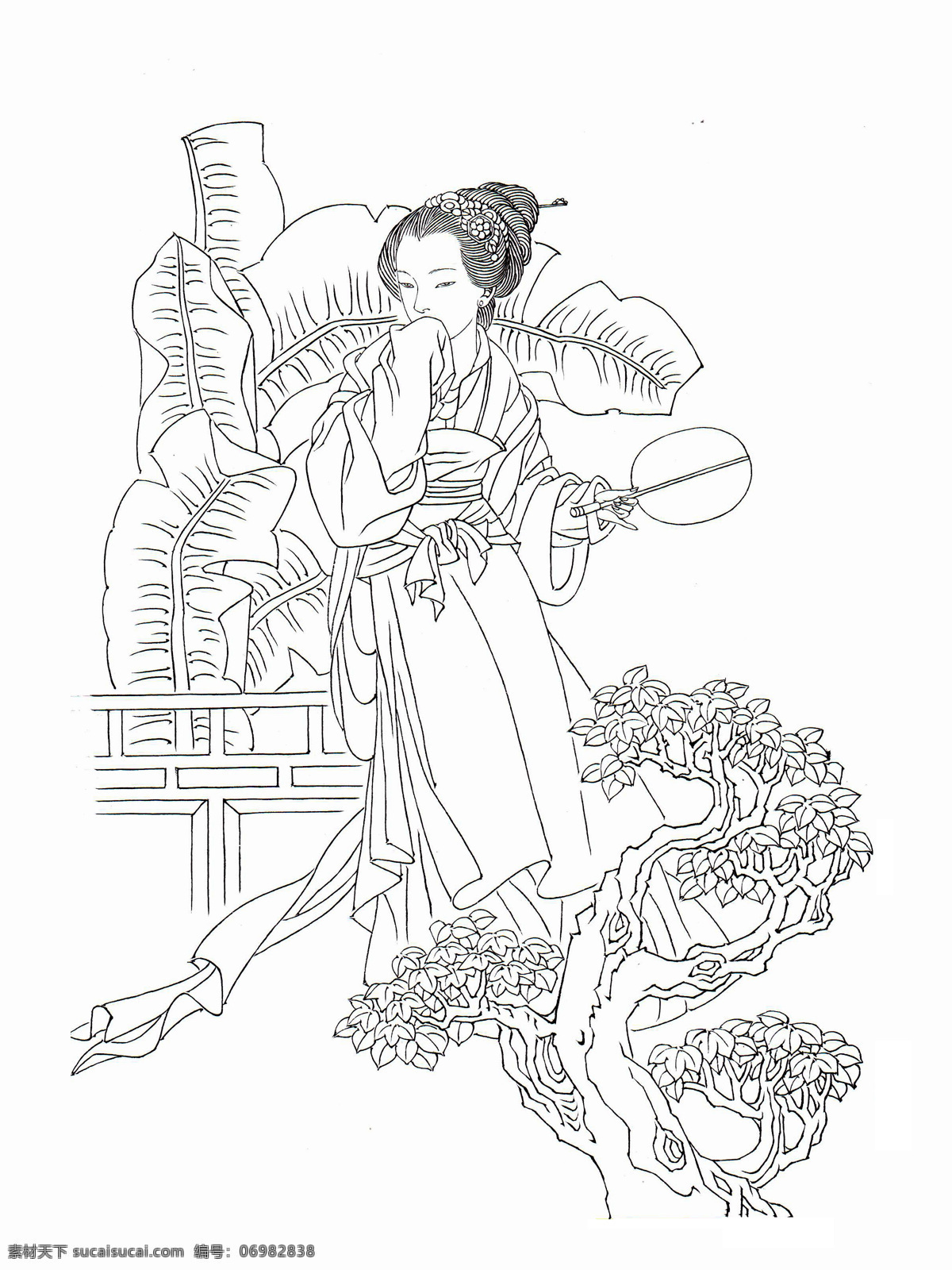 古代仕女白描 古典 美女 植物 长裙 发簪 古画 国画 工笔 白描 线描 传统 装饰 民族风 中国元素 绘画书法 文化艺术