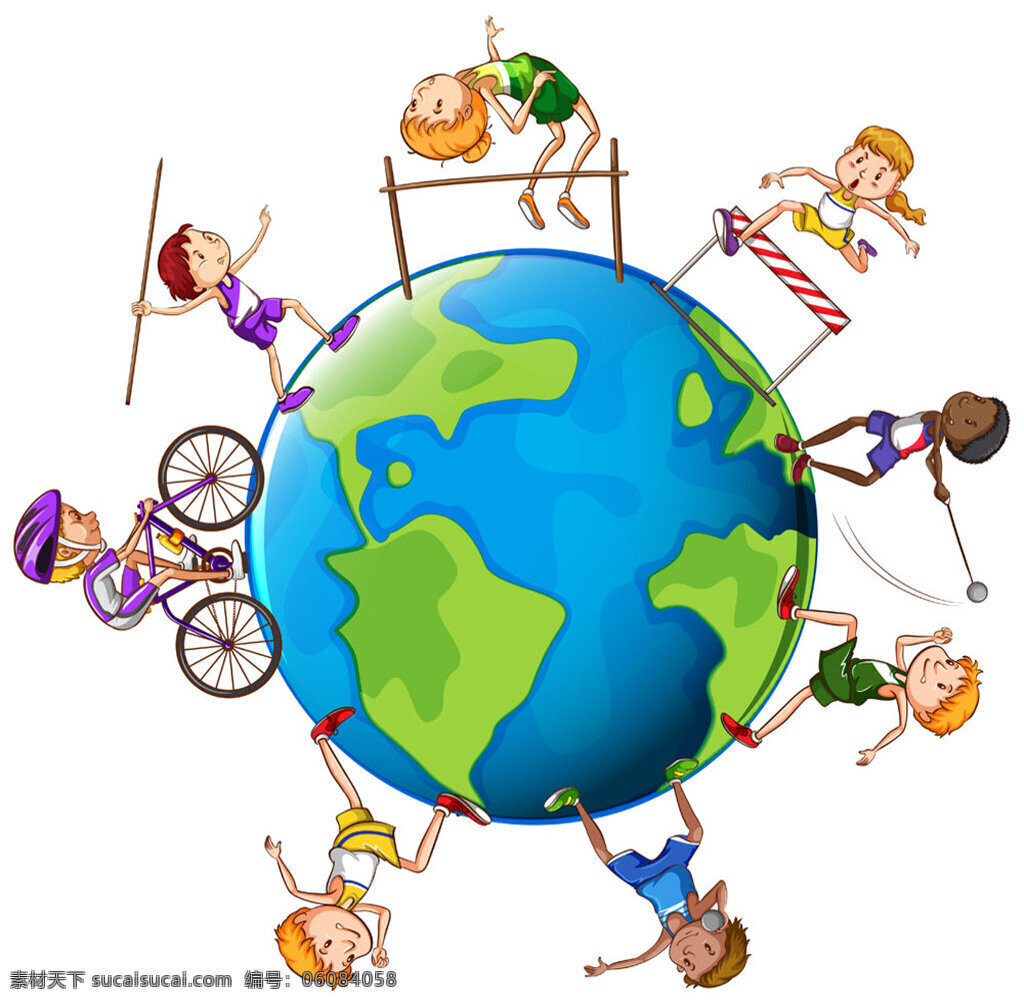 地球运动儿童 矢量素材 矢量图 设计素材 开心 儿童 运动 打球 健身 卡能人物 人物插画 女孩 男生 学生 地球 自行车