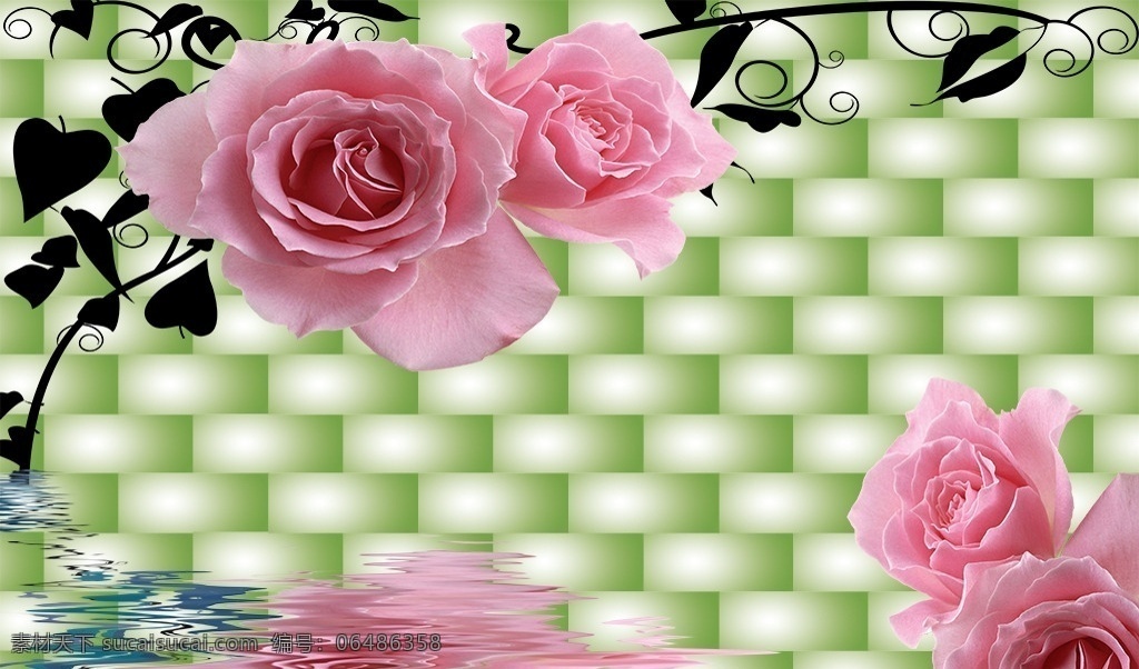 3d 软 包 玫瑰 立体 软包 绿色 水中 花藤 电视背景墙 分层 背景墙系列