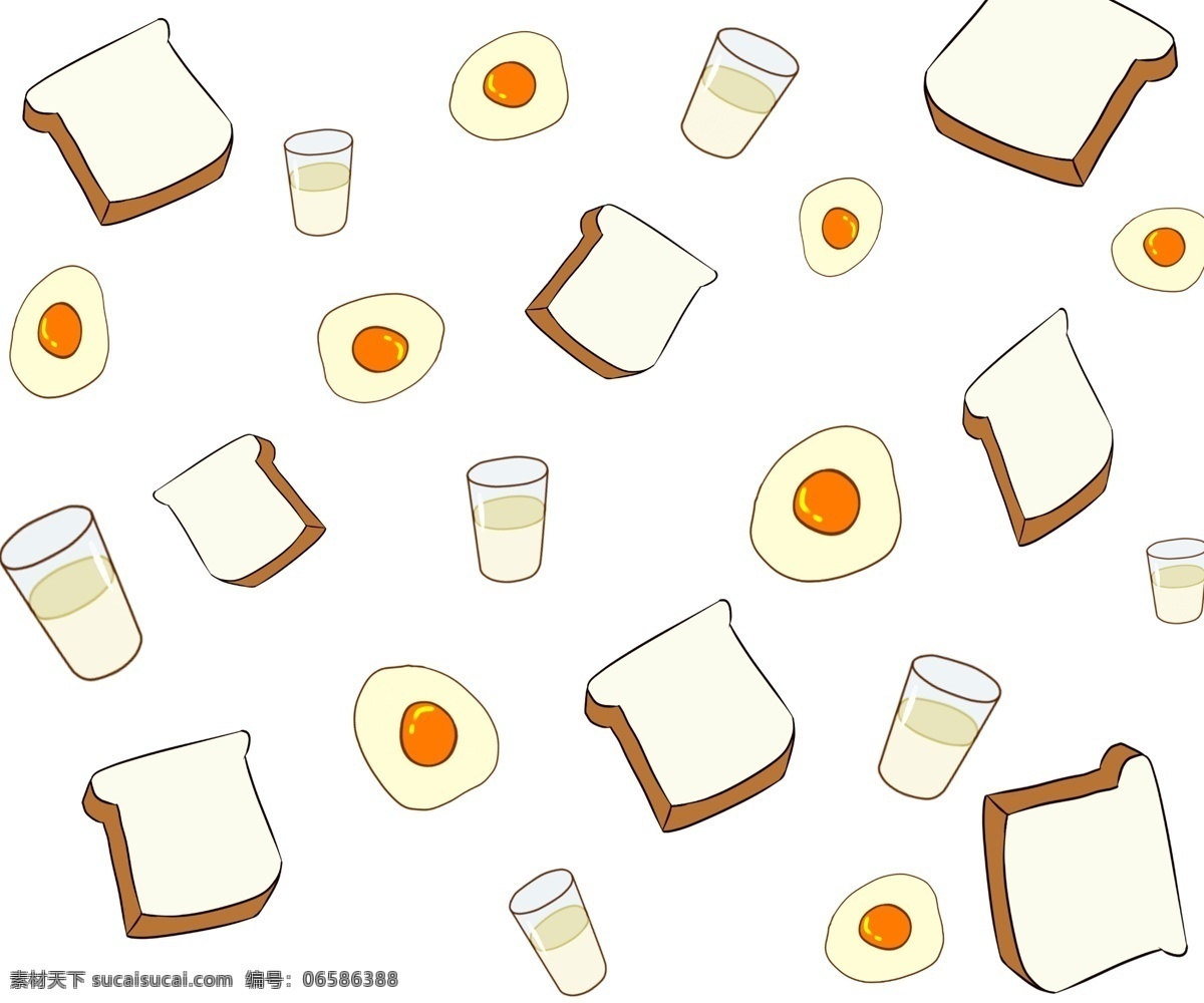 手绘 美味 早餐 插画 美味的早餐 手绘面包片 一杯牛奶 煎鸡蛋插画 美食插画 卡通早餐插画 面包片插画