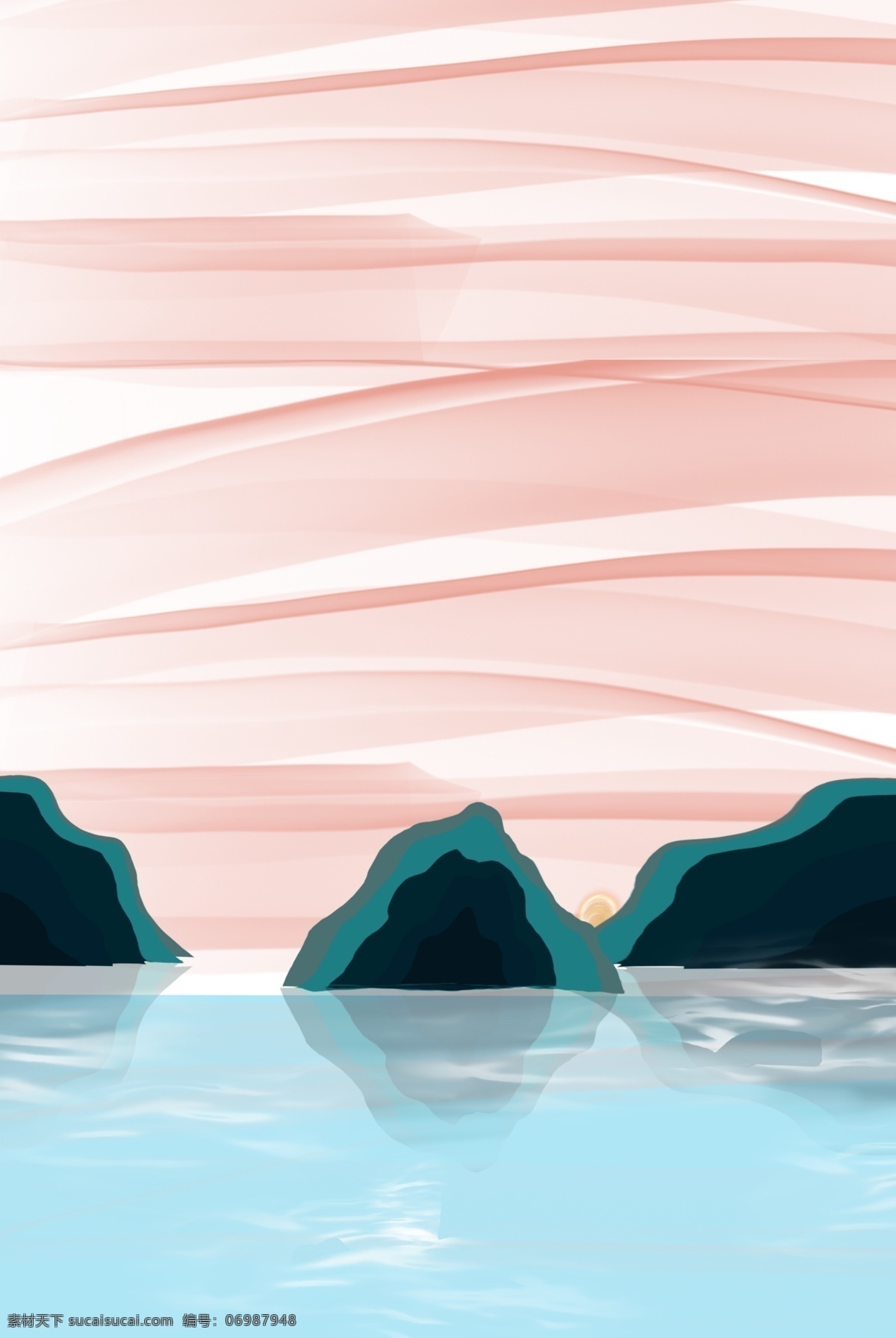 手绘 山峰 海报 背景 简约 山坡 山脉 河流 河水