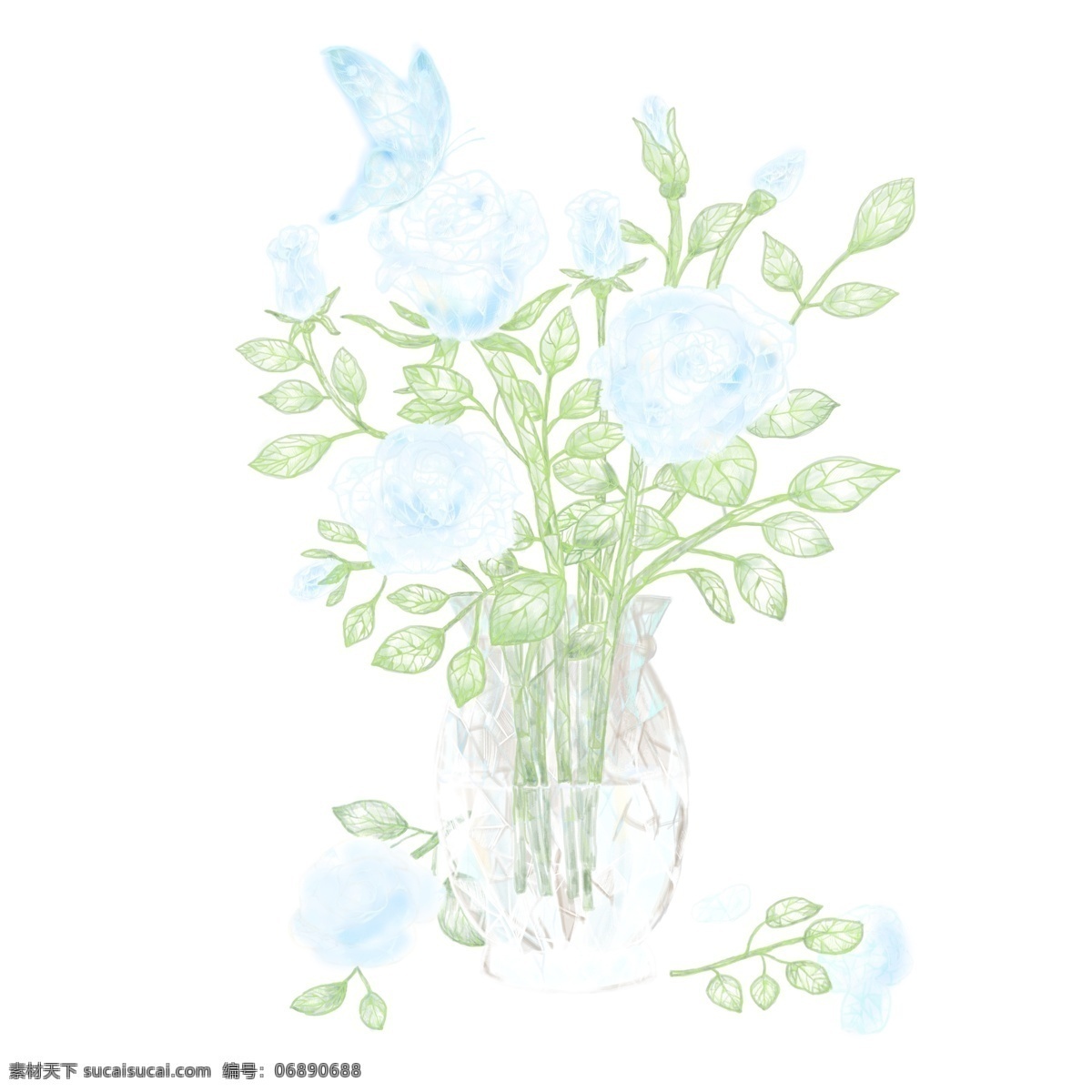 透明 质感 花瓶 里 花朵 插画 元素 透明质感 手绘 卡通 植物 鲜花 花卉