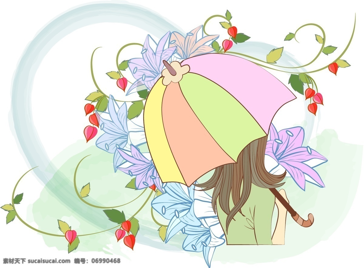 矢量图 撑伞 女孩 长发 红花 少女 太阳伞 鲜花 雨伞 紫花 矢量人物