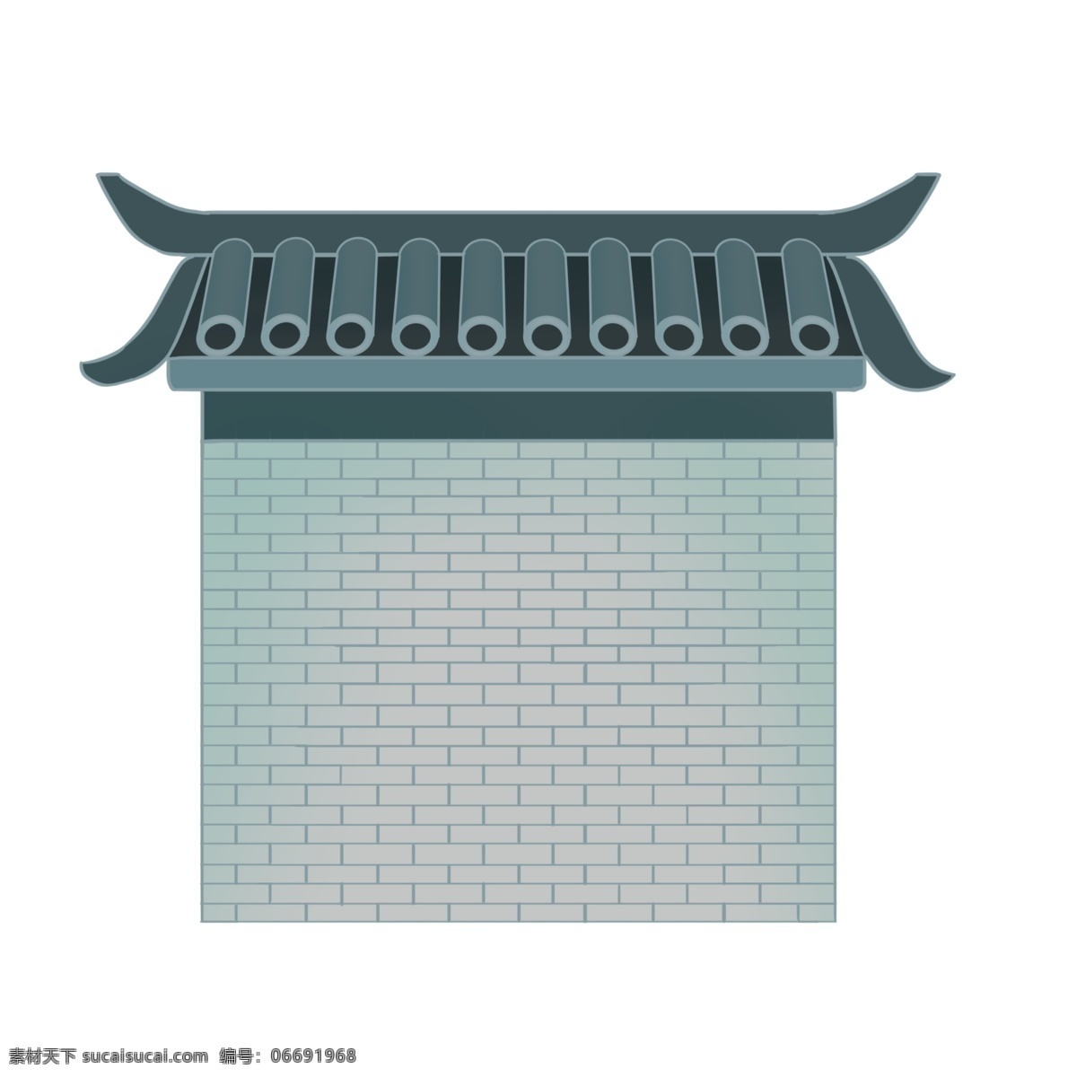手绘 中国 风 建筑 屋檐 插画 传统 青瓦屋檐 砖墙 青黛色建筑 传统民居建筑 卡通屋檐插画