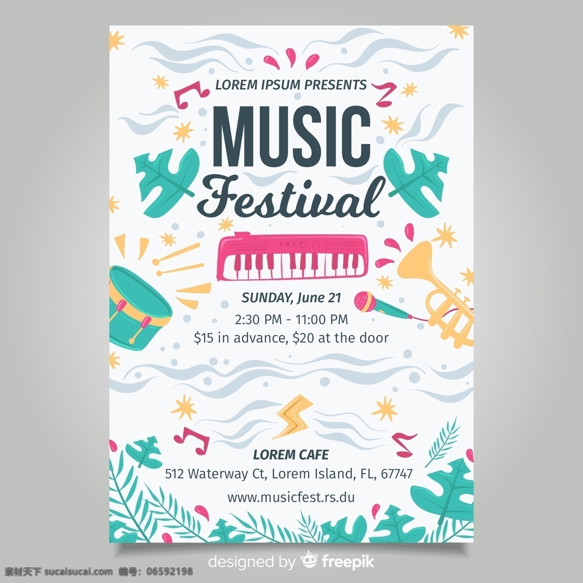 创意 树叶 音乐节 传单 鼓 小号 话筒 钢琴 音符 广告海报设计 dm宣传单
