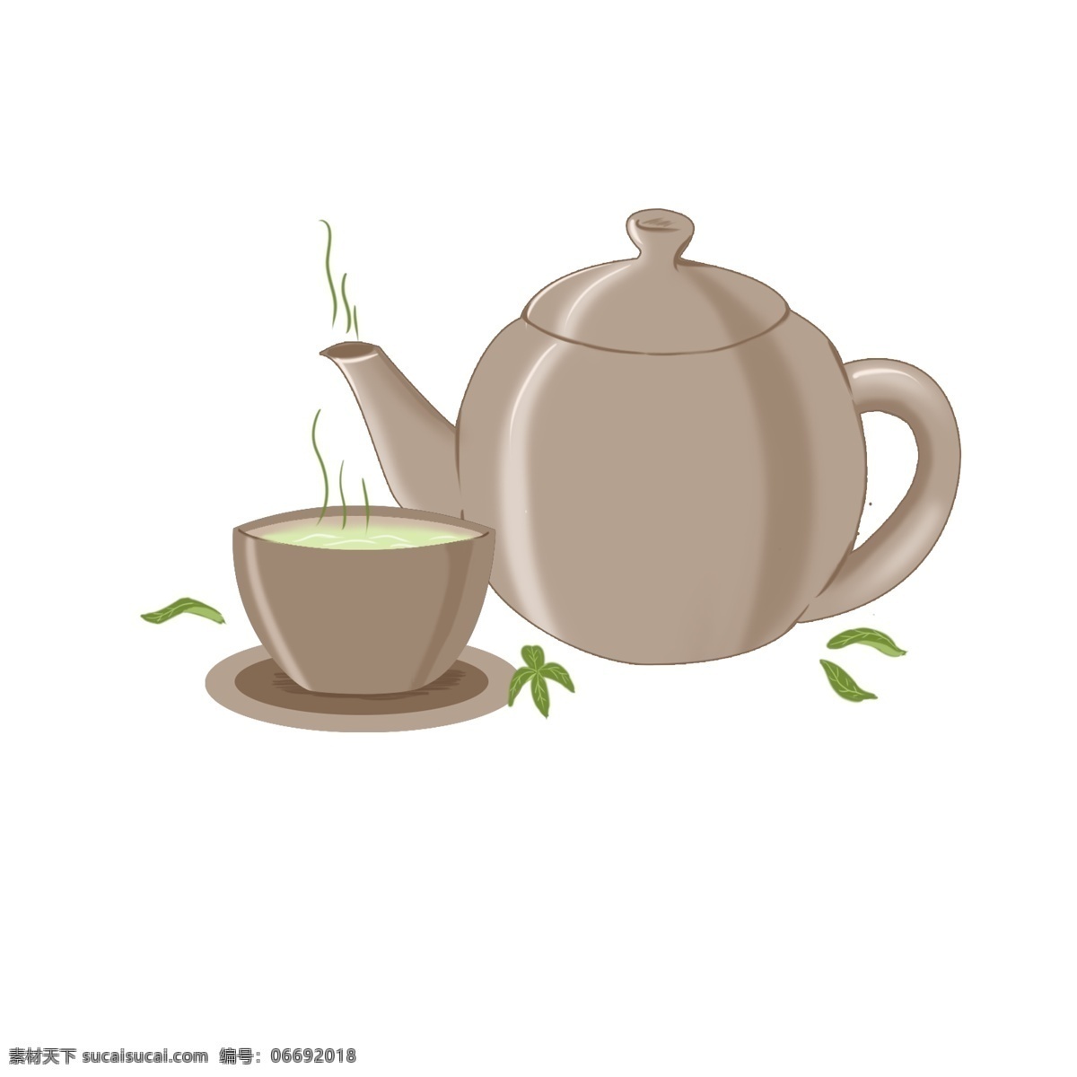手绘 茶壶 茶杯 茶叶 褐色 中国风 陶瓷 可商用 装饰