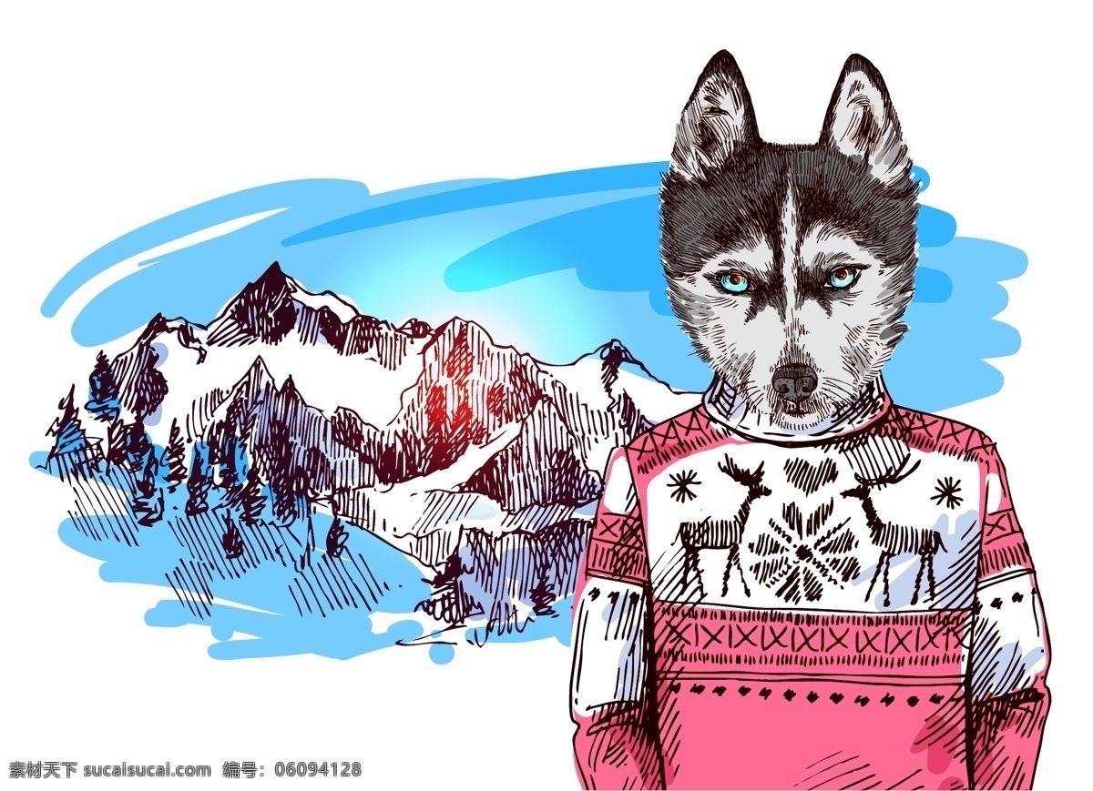 卡通 手绘 森林 狼 插画 动物 风景 头像 雪山