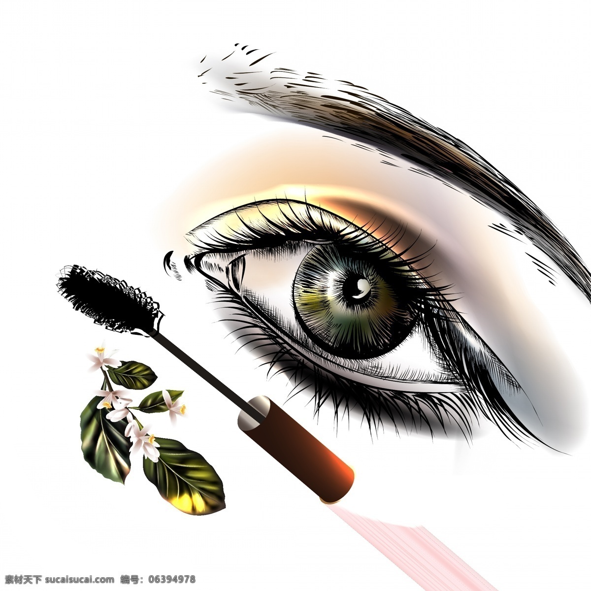 水彩 手绘 女人 化妆 后 眼睛 矢量 化妆品 人物 卡通 插画 睫毛膏 眉笔