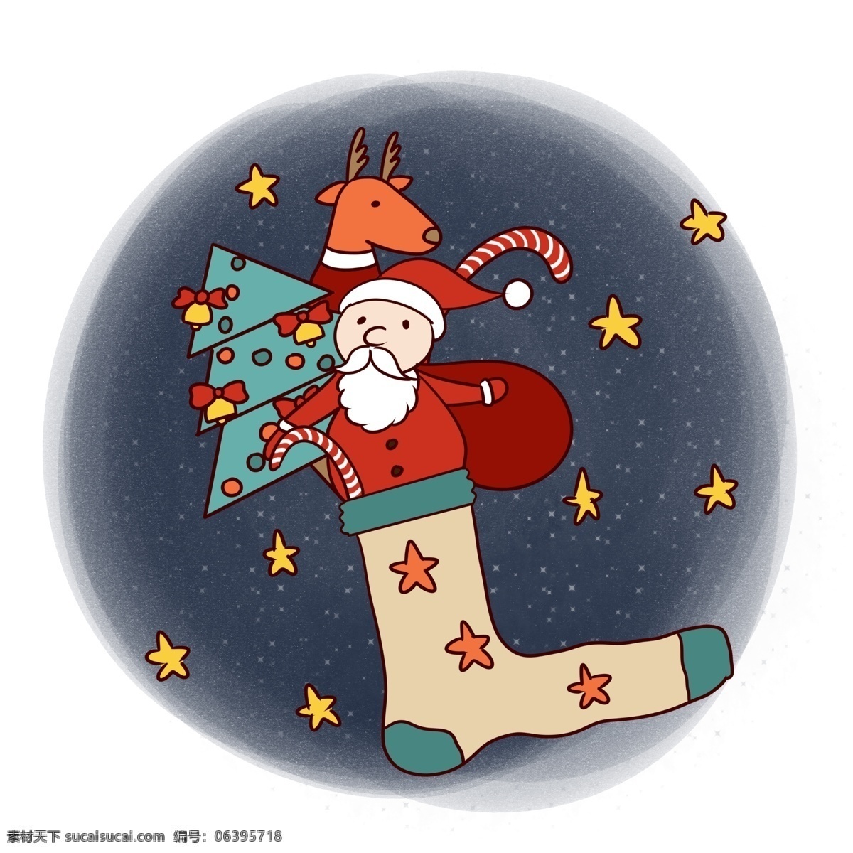手绘 卡通 可爱 圣诞节 圣诞老人 麋鹿 矢量 免抠 圣诞快乐 礼物 圣诞树 铃铛 夜晚 圣诞夜 袜子 星空 拐杖糖